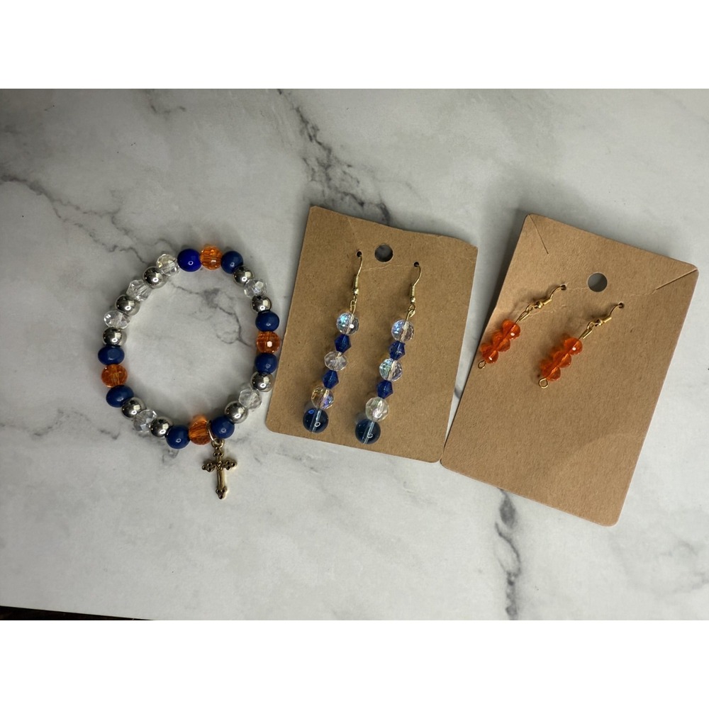 handmade beaded dangle earrings‎ and bracelet set blue and orange tones